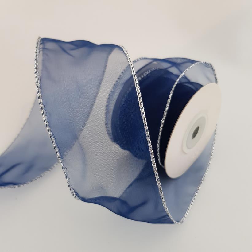 Organza Ribbon Wire Edge Navy Silver 50mm
