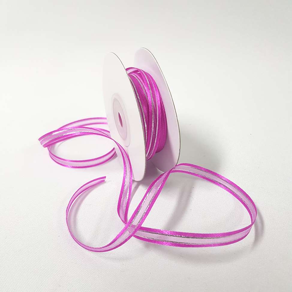 Organza Satin Edge Ribbon Silver Thread 6mm Fuschia